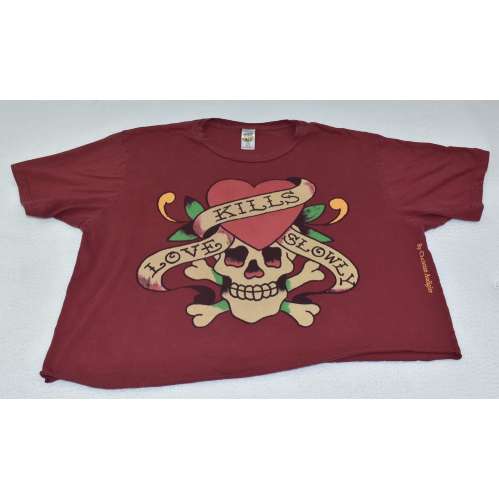 Ed Hardy Christian Audigier Unisex T-shirt Size XL Maroon Skull Distressed